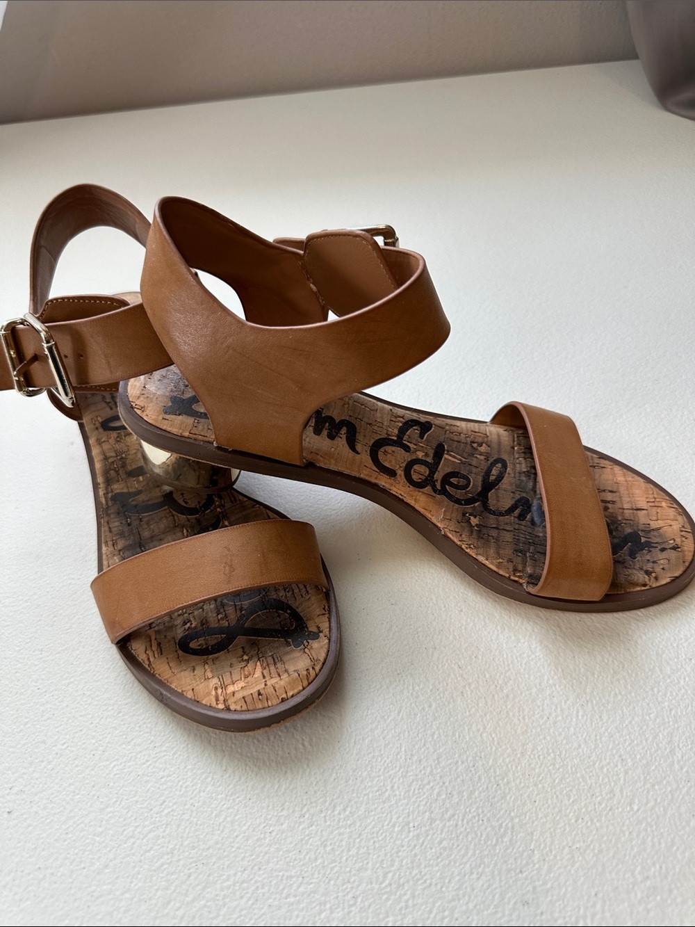 Sam Edelman Cognac Leather Block Heel Sandals
